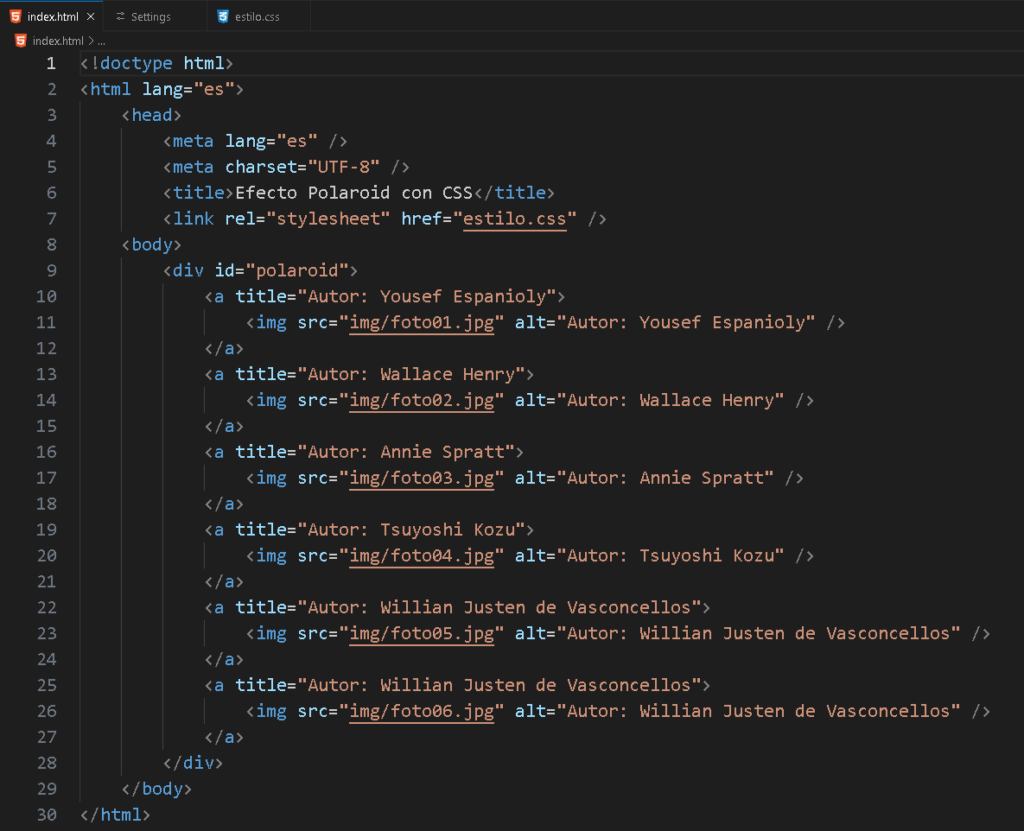 Galería de fotos con efecto polaroid en CSS - Salón de clases