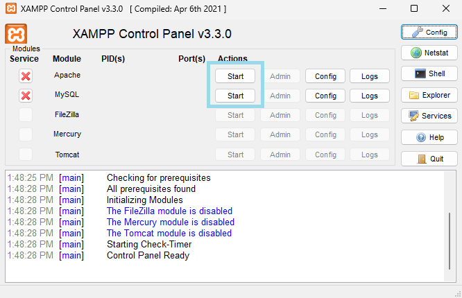 Iniciando apache y MySQL en XAMPP - Hielo Creativo