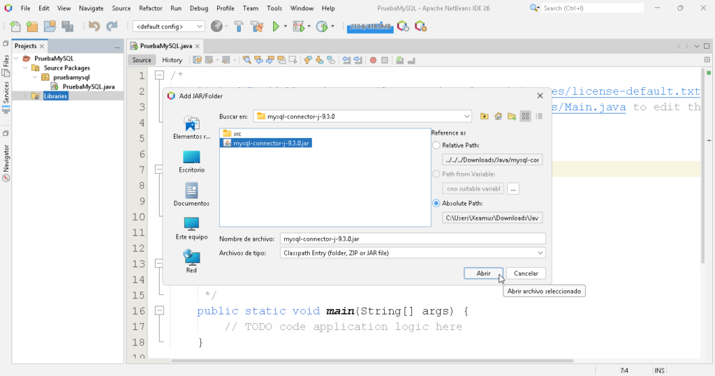 Buscando el archivo JAR para añadir al proyecto de Netbeans - Hielo Creativo