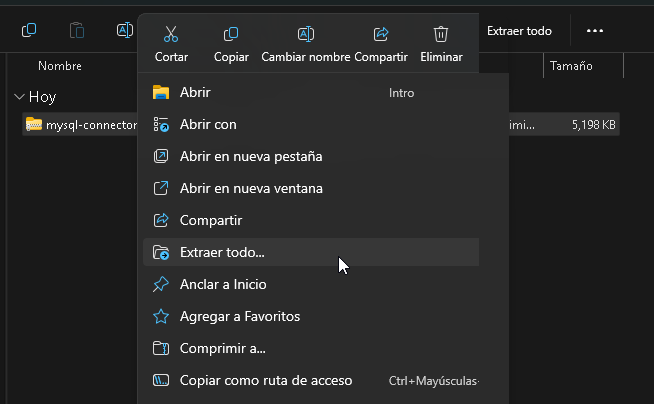 Extraer contenido del archivo ZIP del Connector J de MySQL - Hielo Creativo