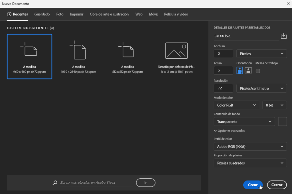 Crear un nuevo documento en Photoshop - Hielo Creativo