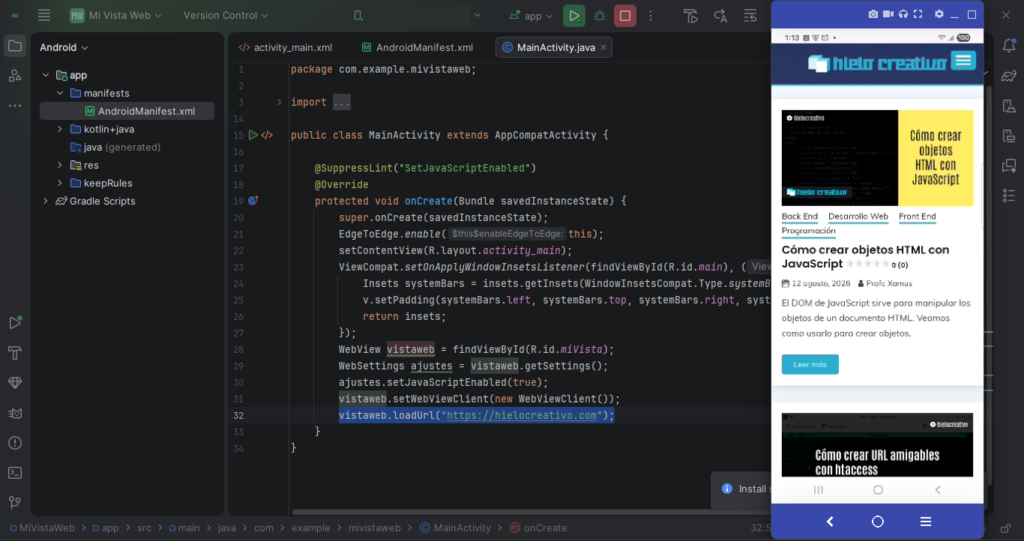 WebView con Java en Android Studio - Hielo Creativo