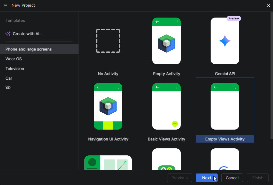 Seleccionar un Empty Views Activity en Android Studio - Hielo Creativo