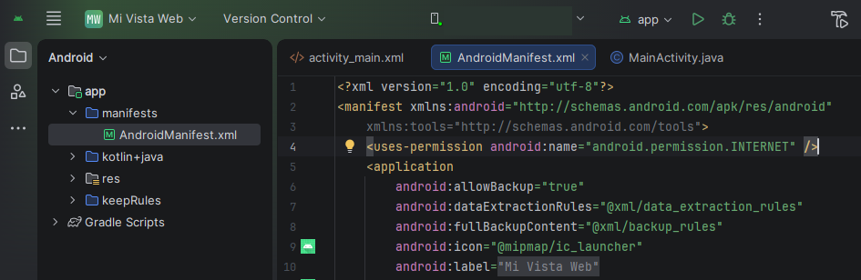 XML para permisos en Android Studio - Hielo Creativo