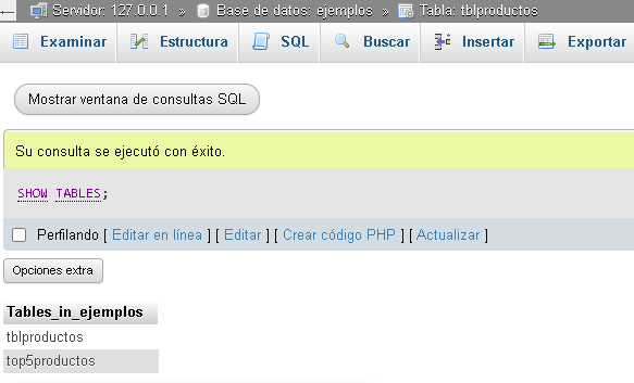 Ejecución del comando show tables en MySQL - Hielo Creativo