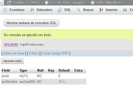El comando DESCRIBE de MySQL sobre una vista - Hielo Creativo