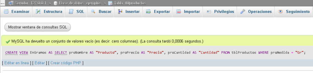 Ejecutando una vista en phpMyAdmin - Hielo Creativo
