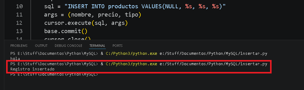 Registro insertado desde Python hacia MySQL - Hielo Creativo