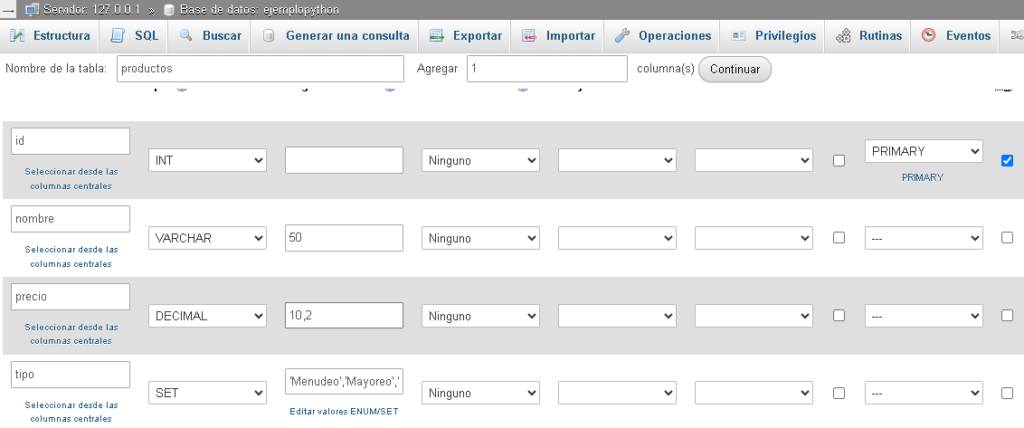 Columnas de la tabla MySQL - Hielo Creativo