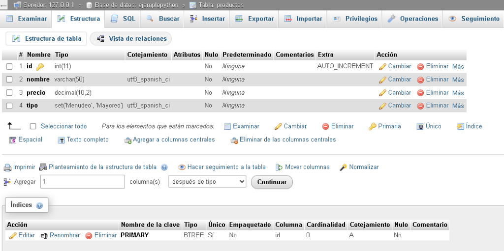 Estructura de la tabla MySQL en phpMyAdmin - Hielo Creativo