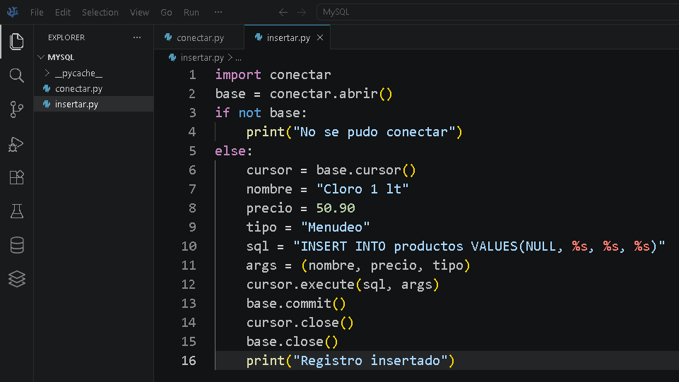 Código Python para insertar datos en MySQL - Hielo Creativo