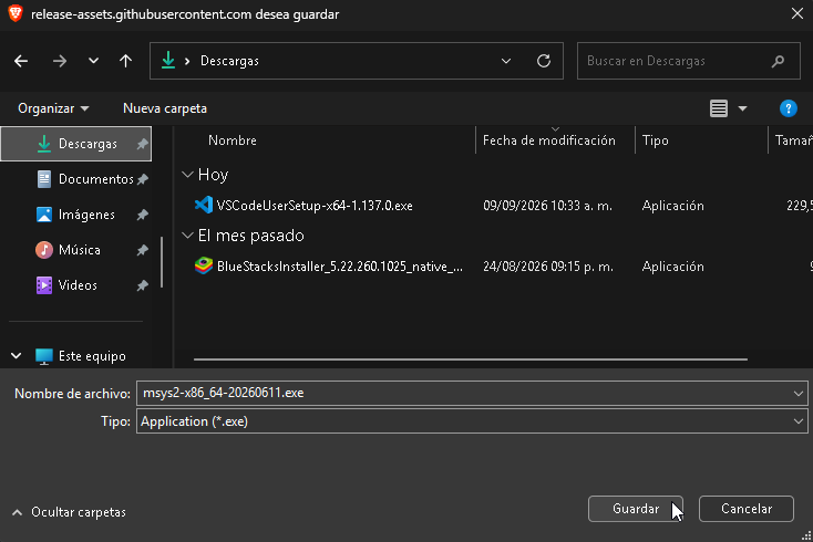 Guardando el instalador de MSYS2 - Hielo Creativo