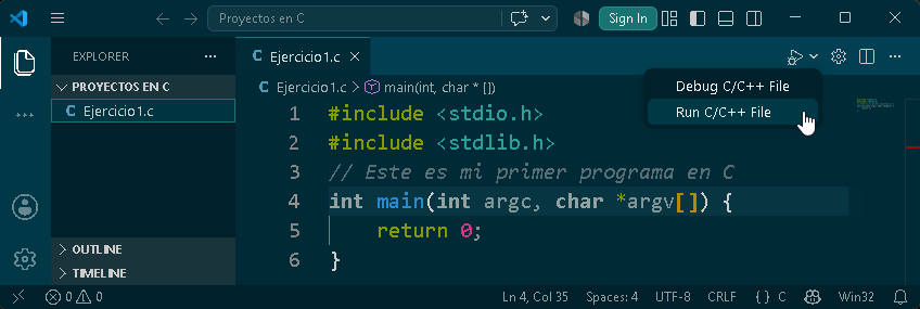 Ejecutando mi primer programa en C - Hielo Creativo