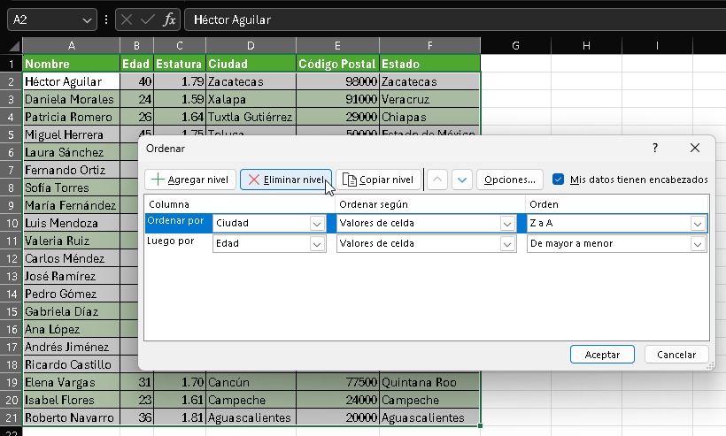 Eliminando niveles de orden personalizado en Excel - Hielo Creativo