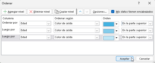Ajusta la ventana para ordenar datos por color en Excel - Hielo Creativo