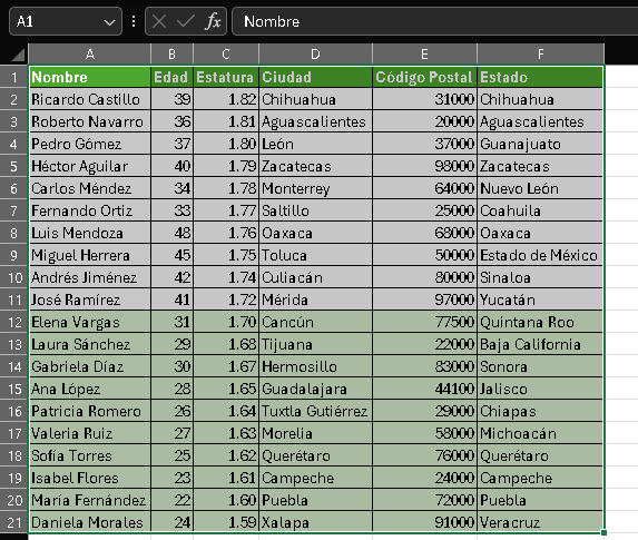 Tabla con datos seleccionados en Excel - Hielo Creativo