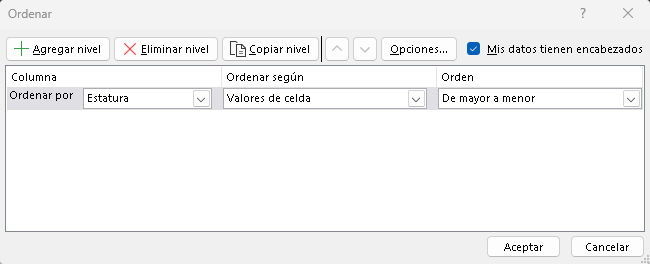 Ventana Orden Personalizado en Excel - Hielo Creativo