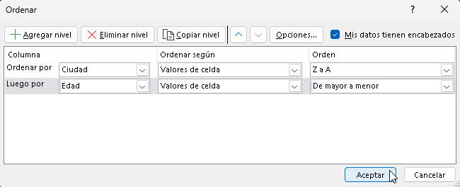 Añadir criterios al orden personalizado en Excel - Hielo Creativo