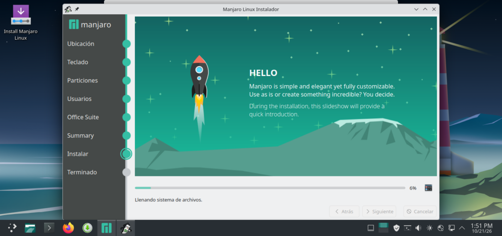 Esperando a que finalice la instalación de Manjaro Linux - Hielo Creativo