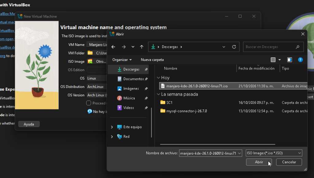Seleccionando imagen ISO en VirtualBox - Hielo Creativo