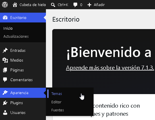 Temas de WordPress en la sección Apariencia - Hielo Creativo