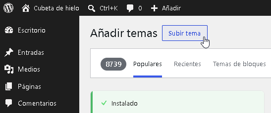 Botón de subir tema de WordPress - Hielo Creativo