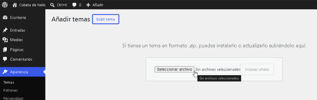 Seleccionar archivo del tema de WordPress - Hielo Creativo