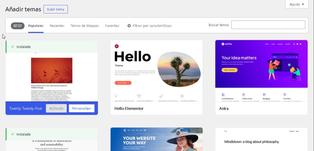 Sección de añadir temas en WordPress - Hielo Creativo
